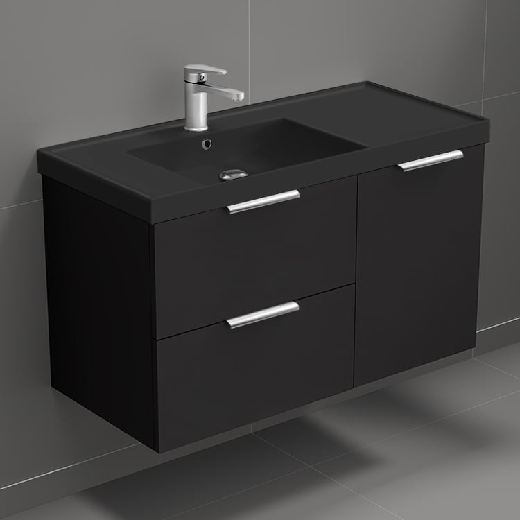 Nameeks LISBON24 Black Bathroom Vanity With Black Sink, Floating, Modern, 36 Inch